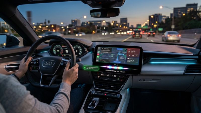Next-generation Apple CarPlay dashboard touchscreen running iOS 27 Siri AI with real-time route optimization and encrypted telematics session