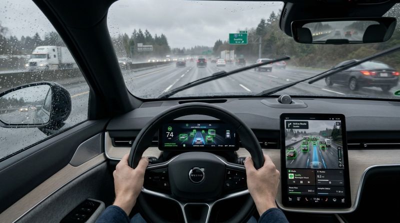 Interior cockpit view of Volvo EX90 during severe weather driving with center console displaying real-time 3D LiDAR point cloud and multi-sensor object detection