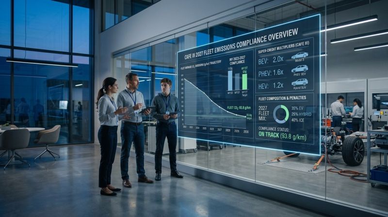 Automotive R&D lab with engineers reviewing CAFE III fleet emissions compliance dashboard, super-credit multipliers, and CO2 trajectory