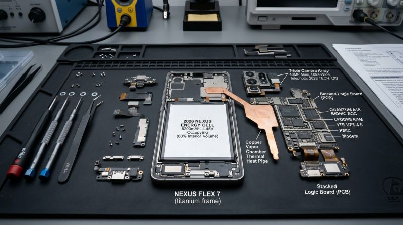 Smartphone Hardware Teardown showing High-Capacity Slim Energy Cell occupying 60% of Internal Chassis with Copper Vapor Chamber