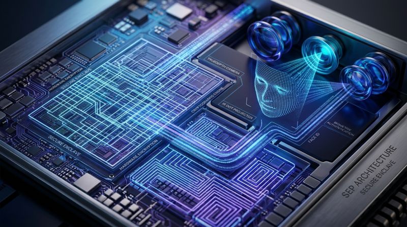 Conceptual visualization of iPhone Secure Enclave Processor SEP silicon architecture and TrueDepth biometric camera sensors with hardware encryption matrix