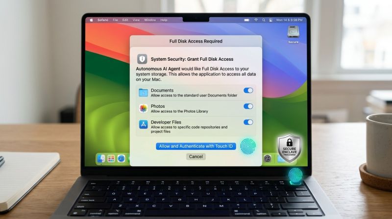 macOS system permission prompt modal showing Full Disk Access consent flow with Touch ID biometric authentication and granular folder toggles