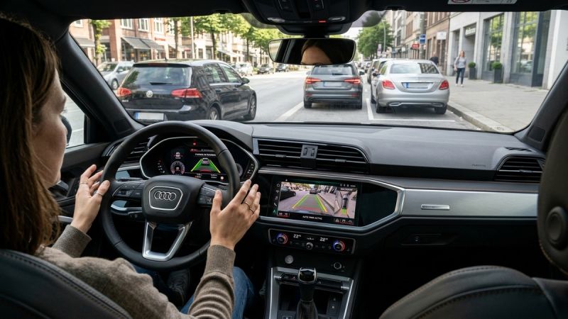 Driver POV of Audi Q3 virtual cockpit and MMI display during automated steering park assist