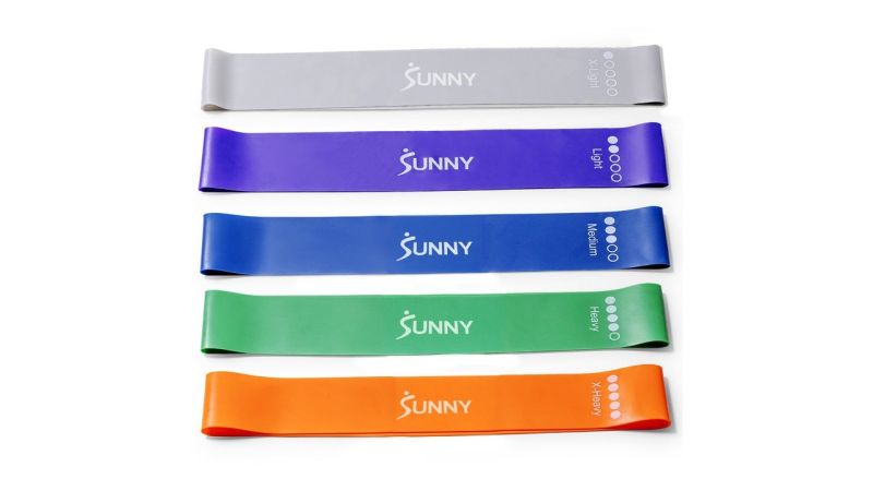 Graduated 5-tier resistance loop bands set showing progressive tension levels and material thickness from X-Light to X-Heavy