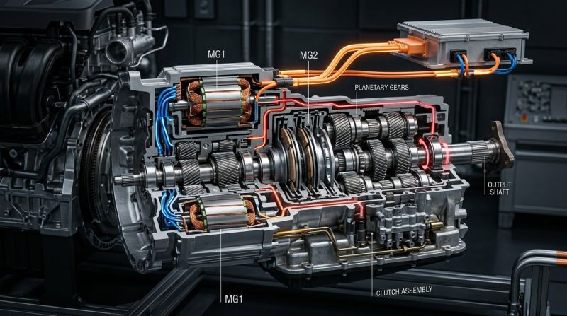Technical 3D Cutaway of 8-Speed Dedicated Hybrid Transmission (DHT) showing dual motor-generator units, planetary gears, and clutch pack