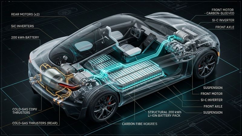 3D engineering cutaway diagram of 2026 Tesla Roadster chassis showing 200 kWh structural battery, tri-motor AWD, and SpaceX cold-gas thrusters