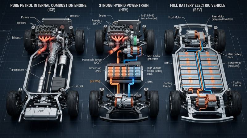 3D Technical Cutaway Comparison of ICE Petrol Engine vs Strong Hybrid Powertrain (eCVT) vs Battery Electric Vehicle (BEV) Skateboard Chassis