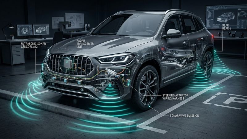 Technical diagram of Audi Q3 12-sensor ultrasonic bumper array and radar acoustic wave propagation