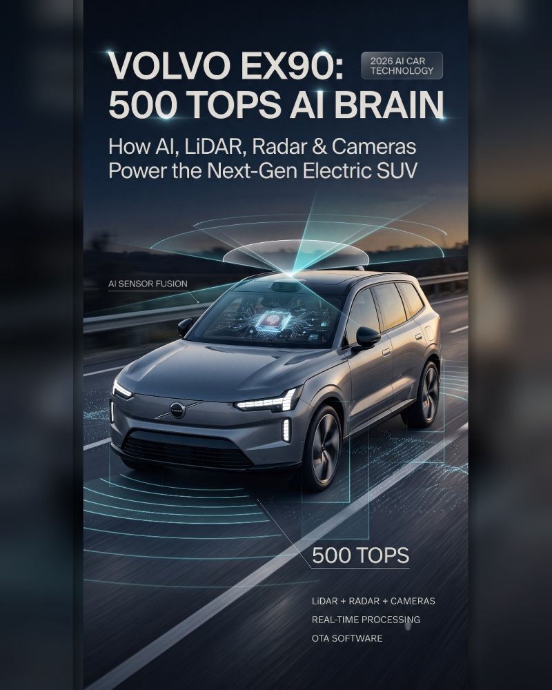 Comprehensive infographic poster of Volvo EX90 500 TOPS AI Brain illustrating LiDAR, radar, cameras, real-time sensor fusion, and OTA updates