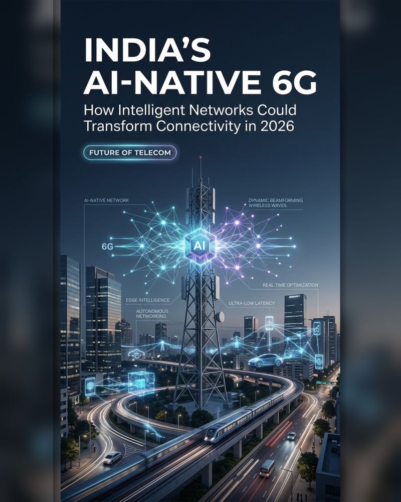 Architectural roadmap infographic of India's AI-Native 6G Telecom Network in 2026 featuring edge intelligence, dynamic beamforming, and autonomous network routing