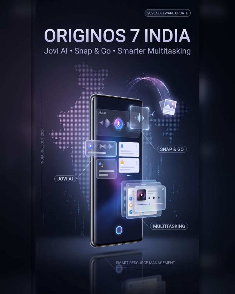 Complete infographic poster detailing OriginOS 7 India Rollout featuring Jovi AI voice capsule, Snap & Go visual dock, and smart resource management