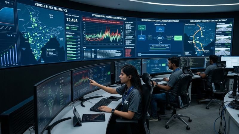Vehicle Security Operations Center in India with engineers monitoring real-time connected fleet telemetry, intrusion detection, and secure OTA firmware distribution