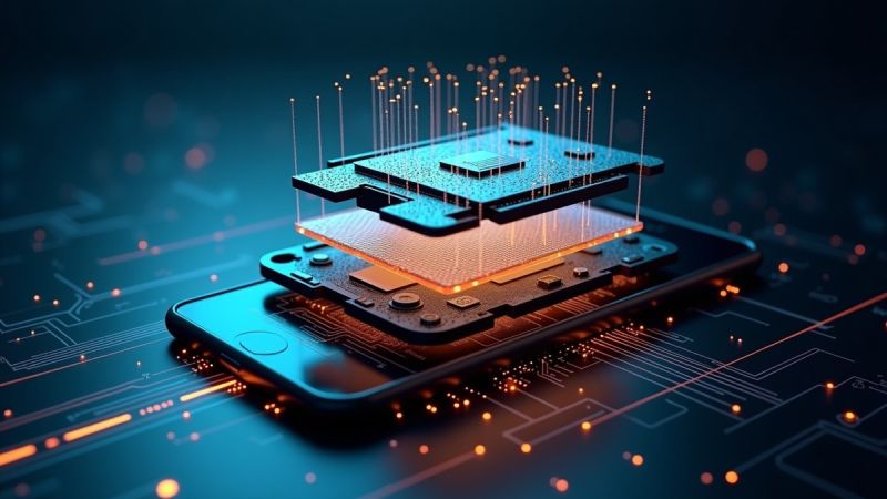 3D technological cutaway of smartphone internal hardware architecture showing NPU neural processor, flash memory vault, and mesh connectivity