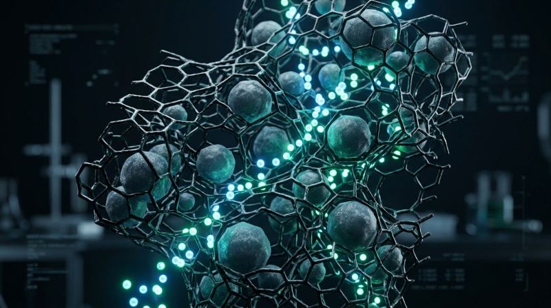 3D Molecular Visualization of Silicon-Carbon Anode Chemistry showing porous graphene carbon matrix encapsulating silicon particles with lithium ions