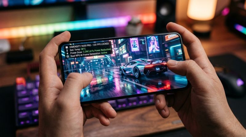 Flagship smartphone running ray-traced AAA mobile game with on-screen Dimensity 9600 Pro performance HUD showing 120 FPS Locked, 3.2W power draw, and Dual NPU AI frame gen