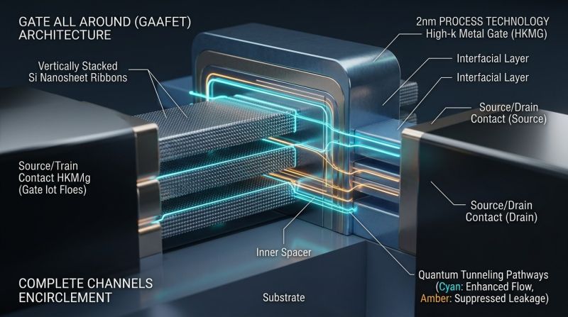 3D Microscopic Diagram of 2nm Gate-All-Around (GAAFET) Nanosheet Transistor with stacked silicon ribbons, HKMG gate, and quantum tunneling pathways