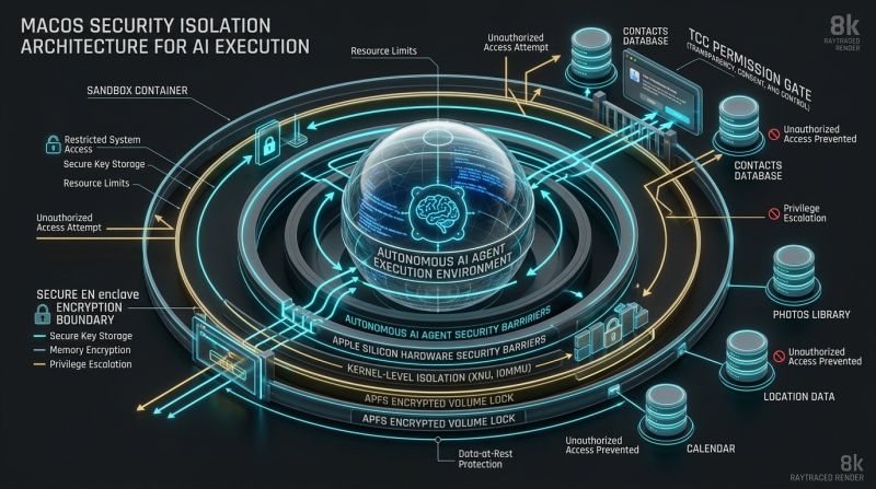 3D Conceptual Cybersecurity Architecture Diagram showing AI agent execution contained in encrypted sandbox with Apple Silicon hardware barriers and APFS locks