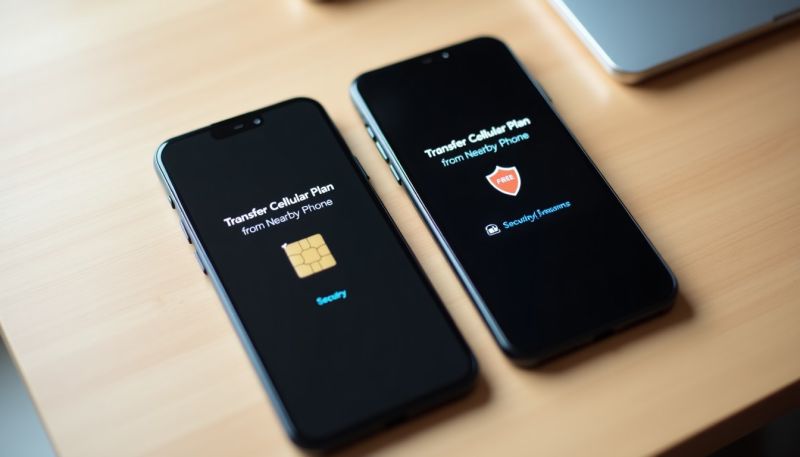 Two iPhones demonstrating seamless wireless eSIM Quick Transfer between devices