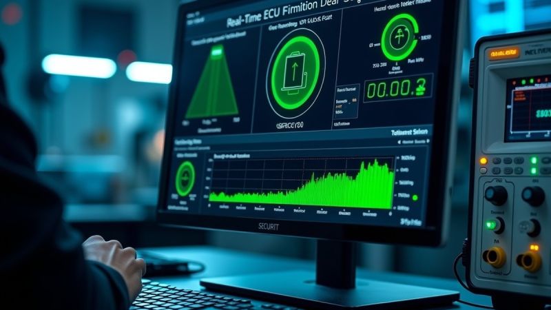 Automotive cybersecurity test laboratory displaying real-time ECU firmware partition health check and cryptographic integrity telemetry