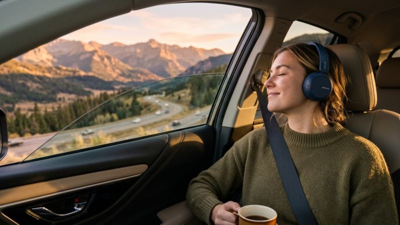 Passenger wearing lightweight Sony WH-CH520 headphones during a scenic mountain road trip