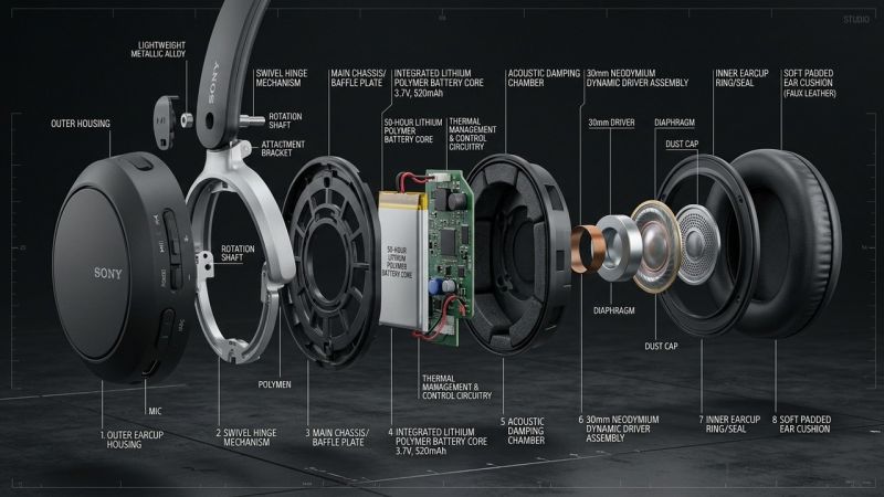Technical 3D engineering cutaway of Sony WH-CH520 30mm dynamic driver and internal battery core