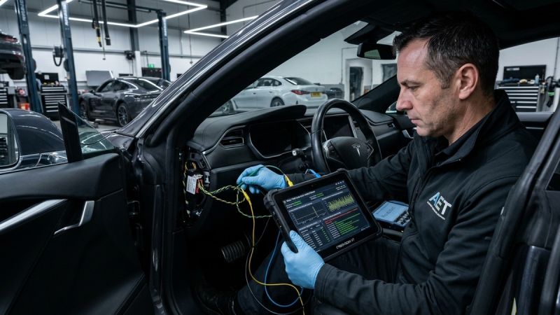 Automotive engineer probing vehicle OBD-II diagnostic port and CAN-bus wiring harness with cybersecurity diagnostic tablet scanner