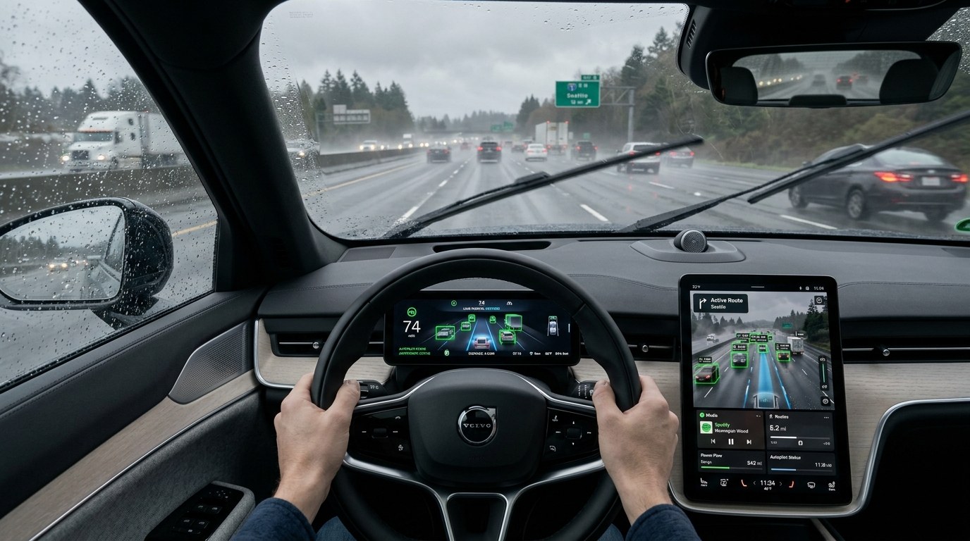 Interior cockpit view of Volvo EX90 during severe weather driving with center console displaying real-time 3D LiDAR point cloud and multi-sensor object detection