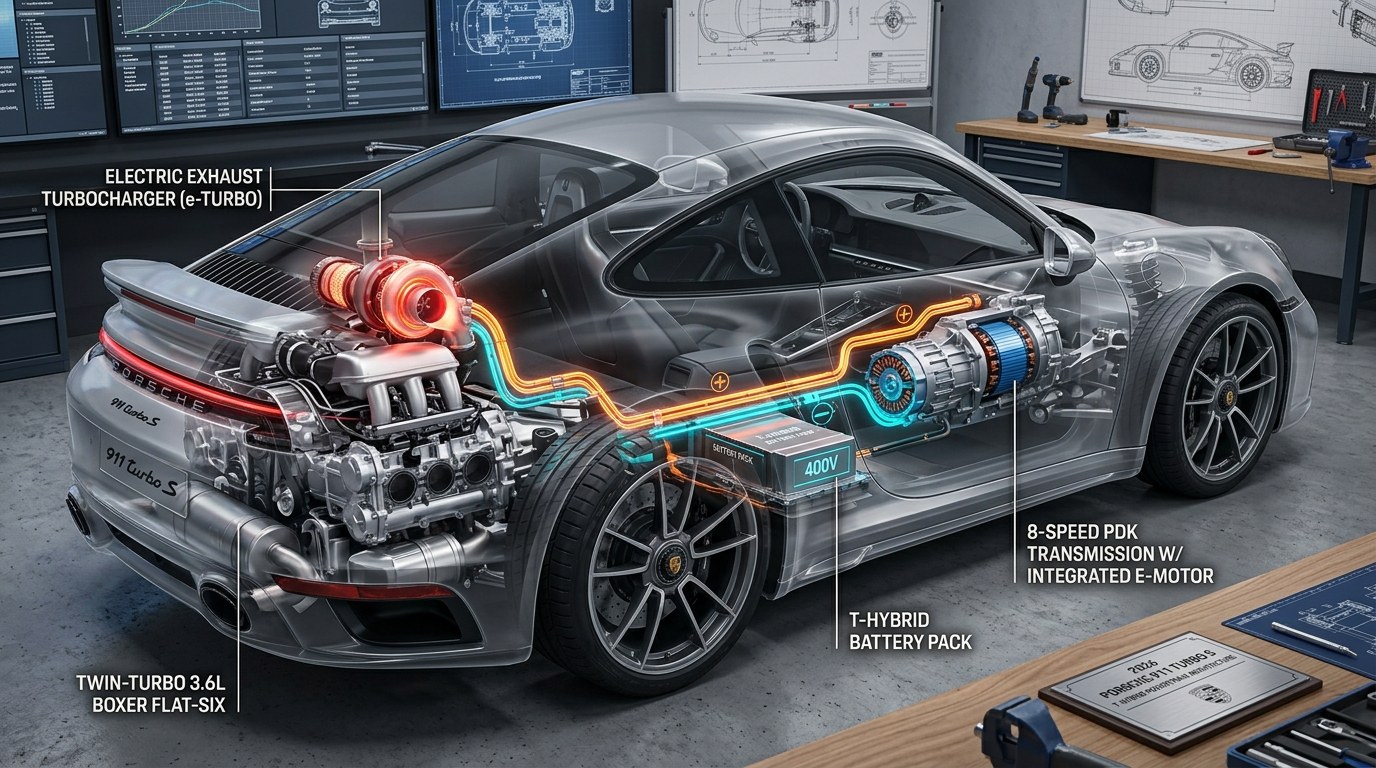 Technical 3D Ghosted Cutaway of Porsche 911 Turbo S T-Hybrid Powertrain: 3.6L Twin-Turbo Boxer, Electric Turbocharger, and 400V Battery