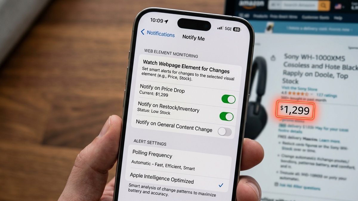 Close-up view of iPhone display showing iOS 27 Safari Notify Me menu with element selector and Apple Intelligence polling settings