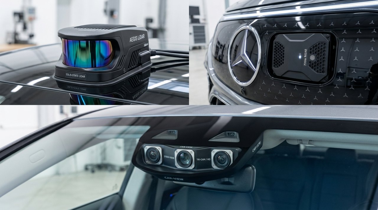 Sensor fusion triad showing solid-state LiDAR, 77GHz radar module, and stereoscopic vision cameras