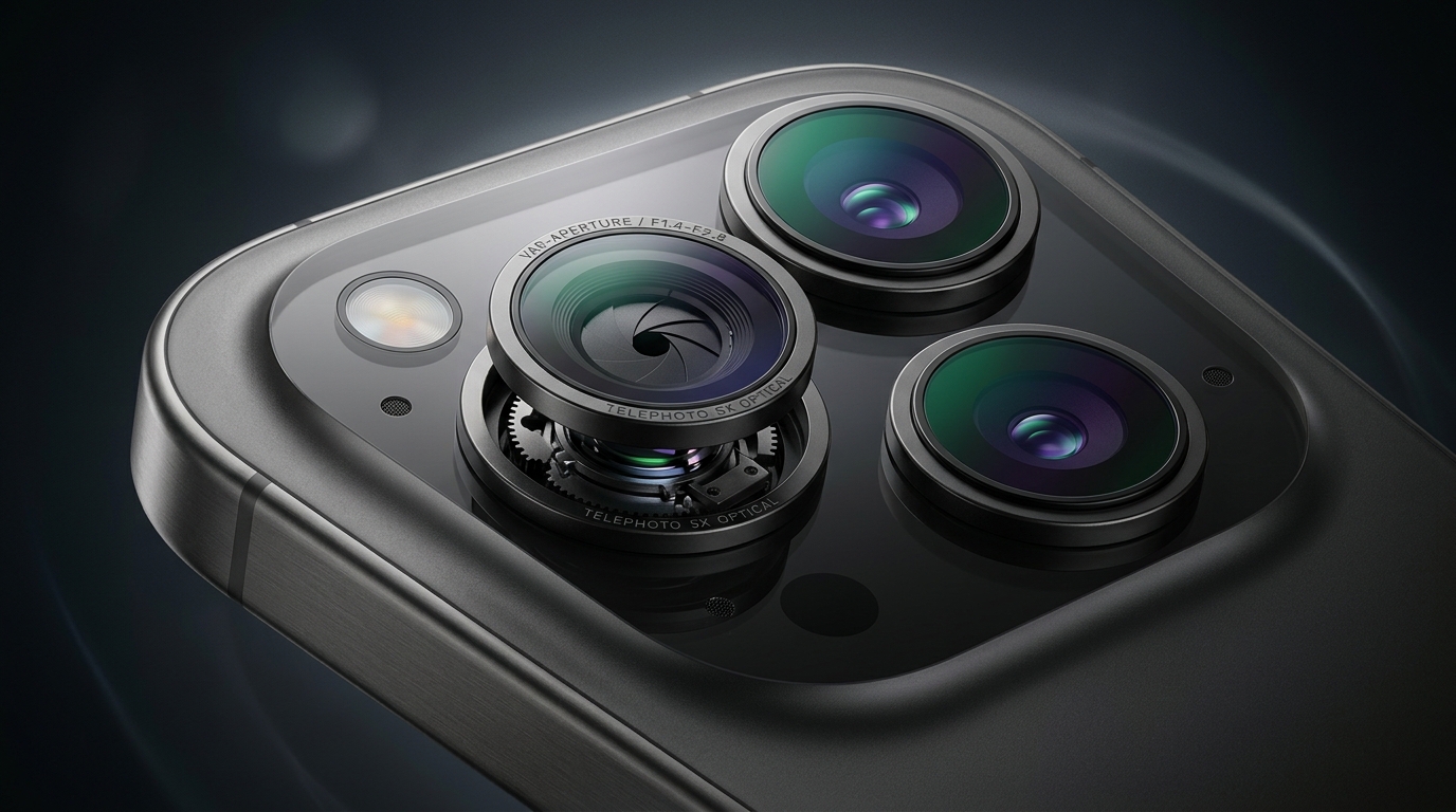 iPhone 18 Pro redesigned triple-lens camera module with variable aperture periscope telephoto lens