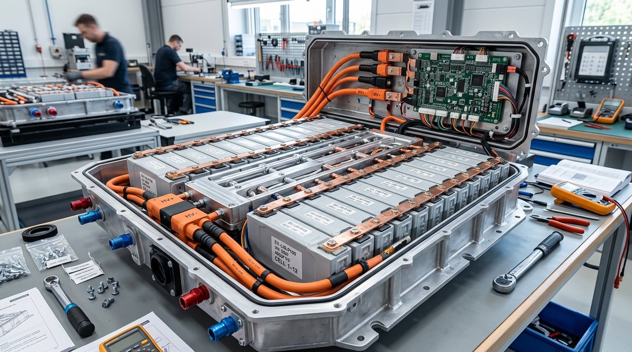 Internal view of open EV battery pack showing prismatic cell modules, cooling plates, and BMS