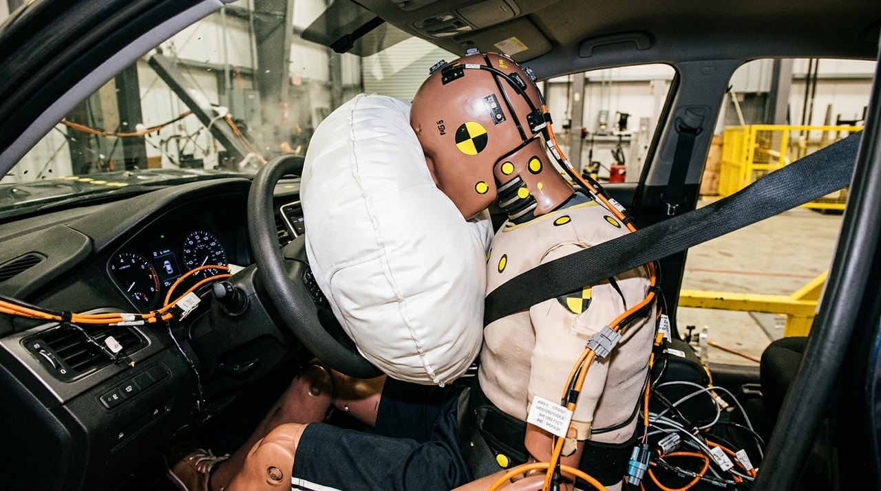 Crash test dummy instrumented with sensor telemetry as front steering wheel airbag deploys