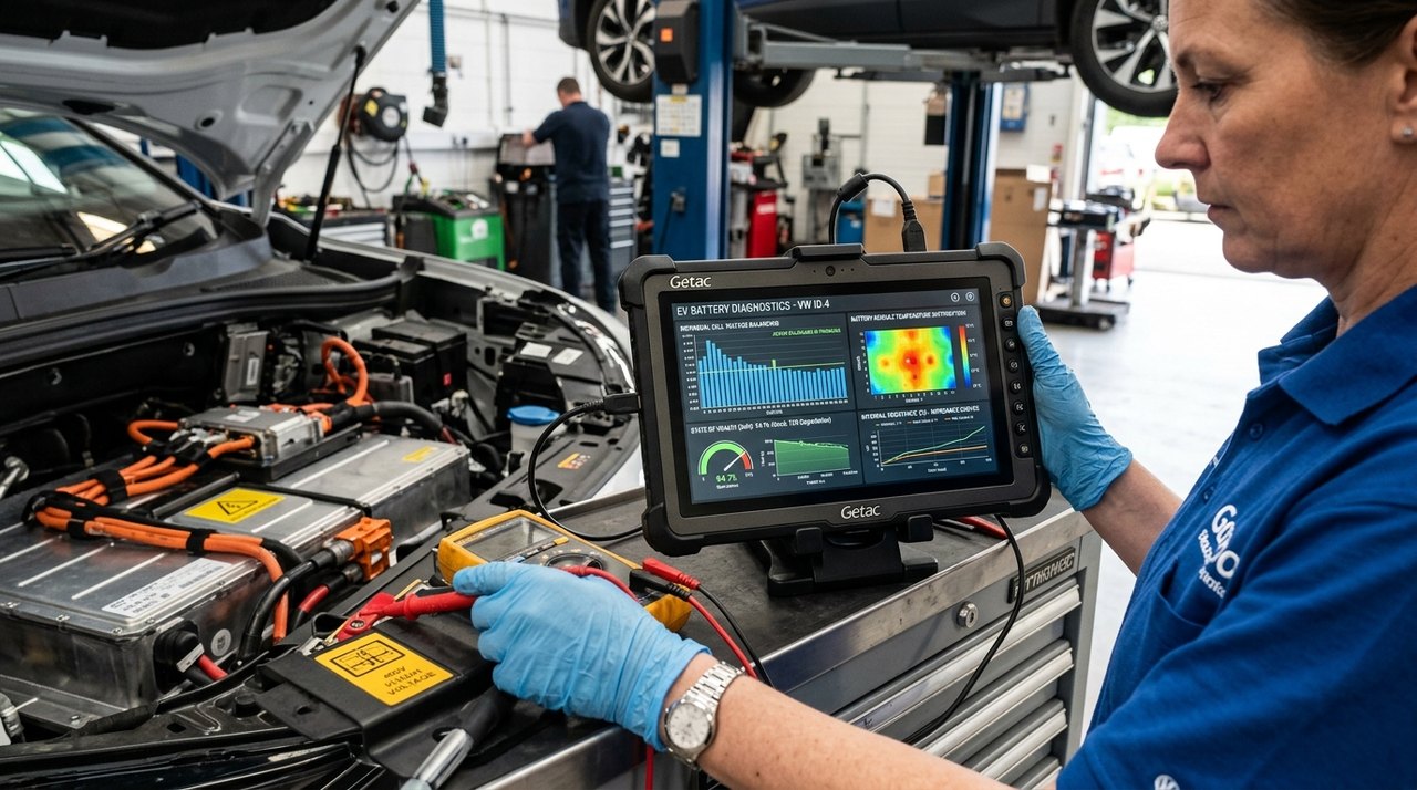 Automotive diagnostic tablet displaying EV battery State of Health SoH and individual cell voltage balancing