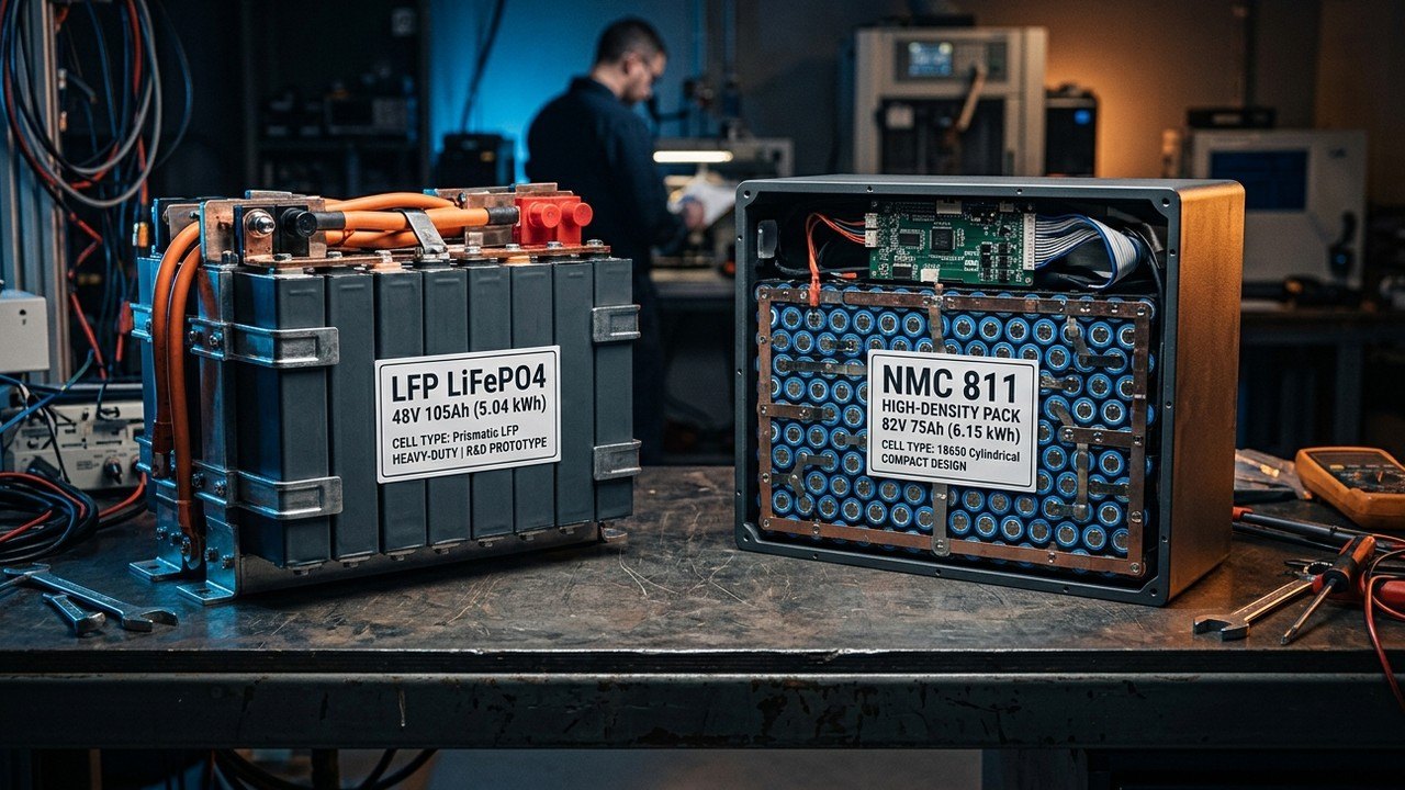 NMC 811 high-density cylindrical cell battery module showing compact cell matrix and integrated BMS