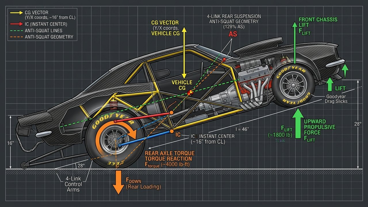 Technical engineering diagram illustrating 4-link rear drag suspension anti-squat geometry and instant center leverage