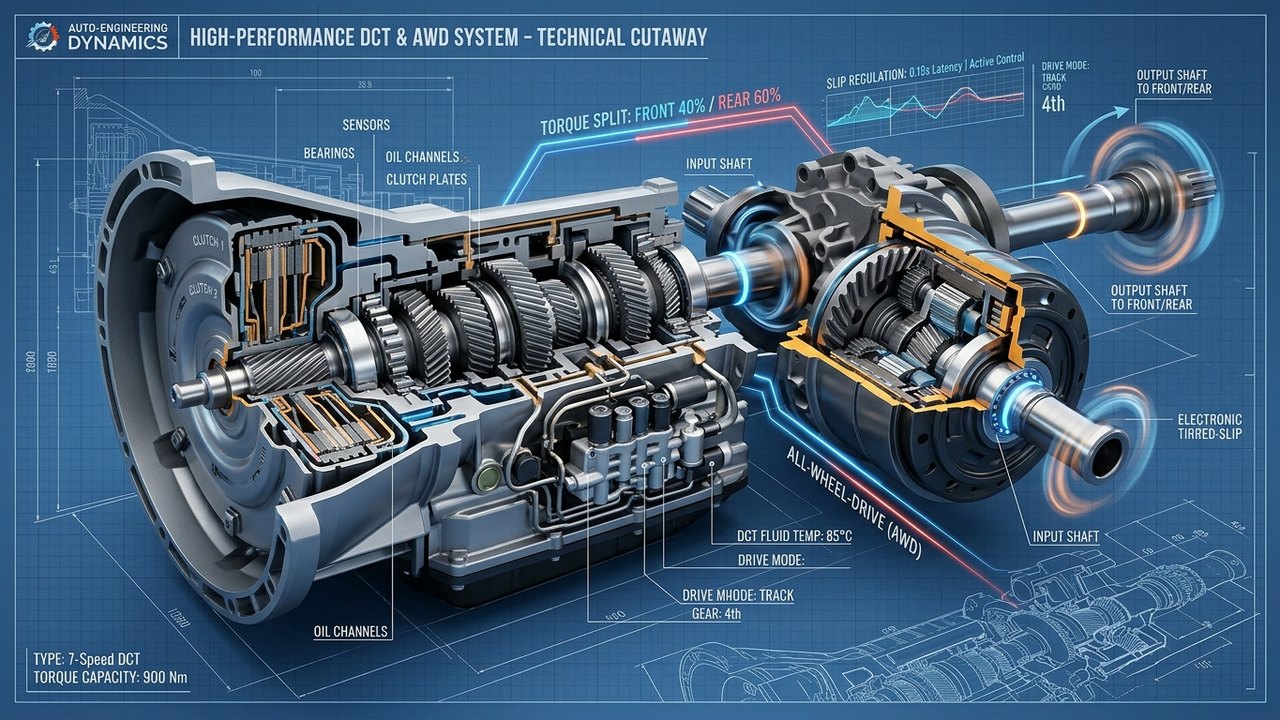 Dual-clutch transmission wet clutch slip regulation cutaway diagram showing torque split and differential