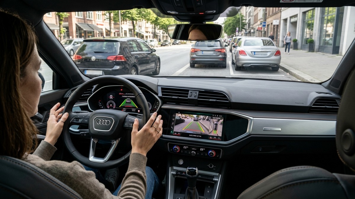 Driver POV of Audi Q3 virtual cockpit and MMI display during automated steering park assist