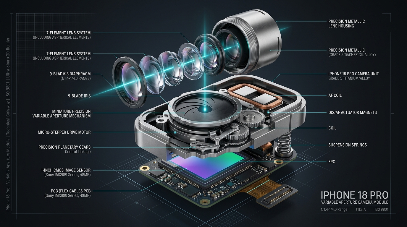 Detailed 3D exploded engineering diagram of iPhone 18 Pro variable aperture 9-blade iris mechanism and sensor