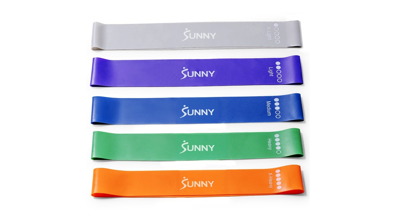 Graduated 5-tier resistance loop bands set showing progressive tension levels and material thickness from X-Light to X-Heavy