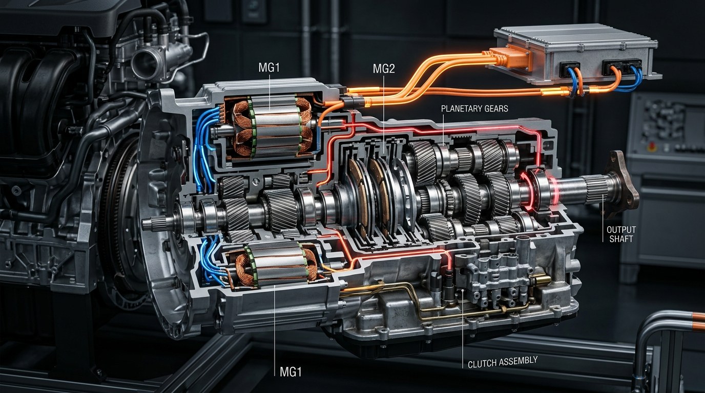 Technical 3D Cutaway of 8-Speed Dedicated Hybrid Transmission (DHT) showing dual motor-generator units, planetary gears, and clutch pack
