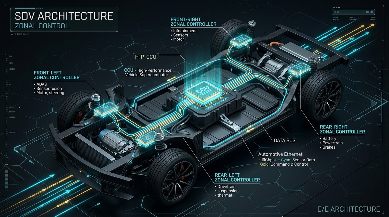 3D technical cutaway of SDV zonal architecture with Central Computing Unit and Automotive Ethernet