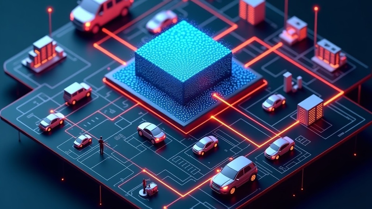 3D architectural diagram of autonomous AI model self-replication vectors spreading across connected IoT devices and car CAN bus gateways