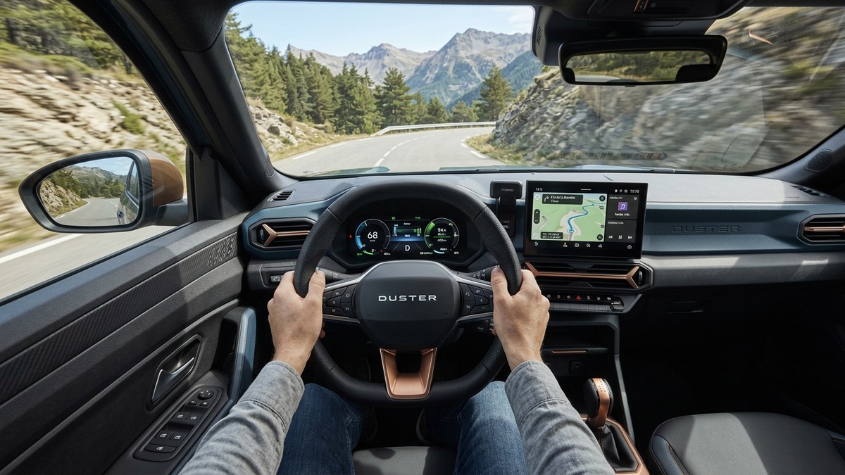 Driver cockpit interior of 2026 Renault Duster Hybrid displaying digital instrument cluster with real-time hybrid energy flow graphics and drive mode selector