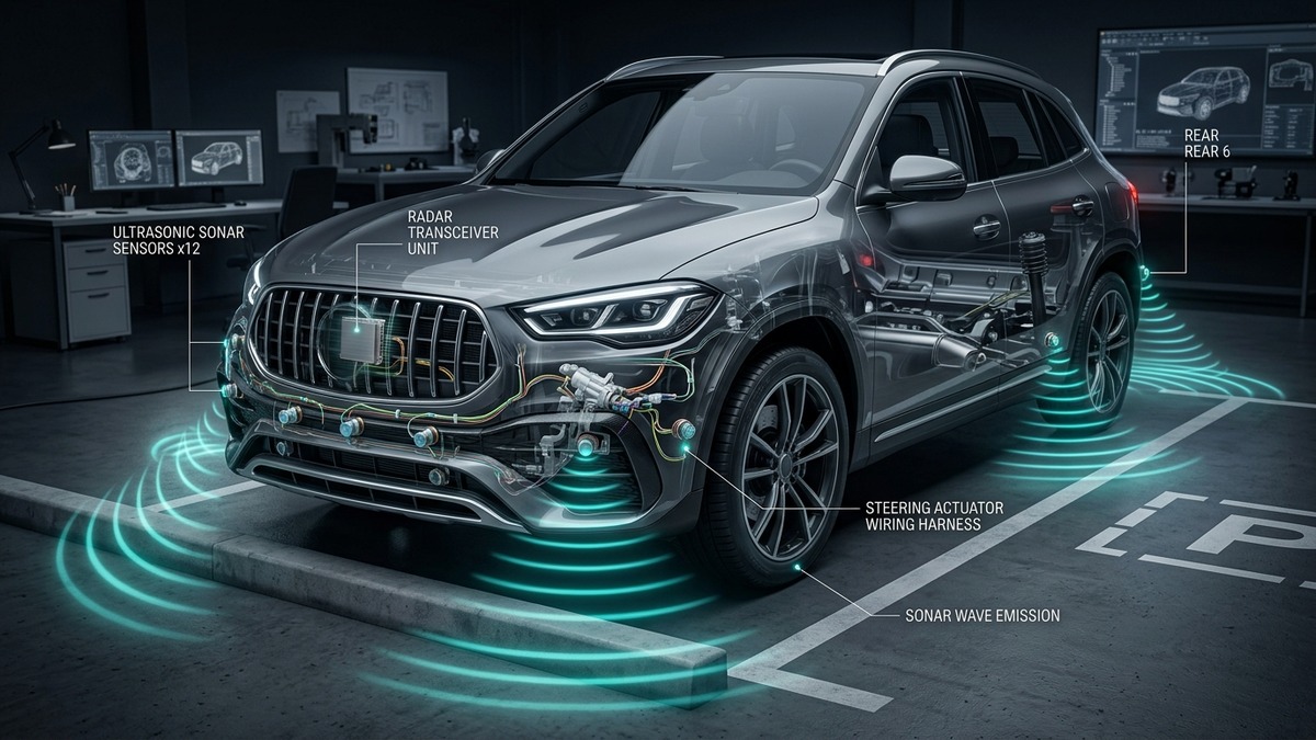Technical diagram of Audi Q3 12-sensor ultrasonic bumper array and radar acoustic wave propagation