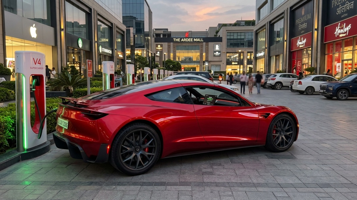 2026 Tesla Roadster hypercar charging at a Tesla V4 Supercharger station with raised ground-clearance suspension in an upscale Indian plaza