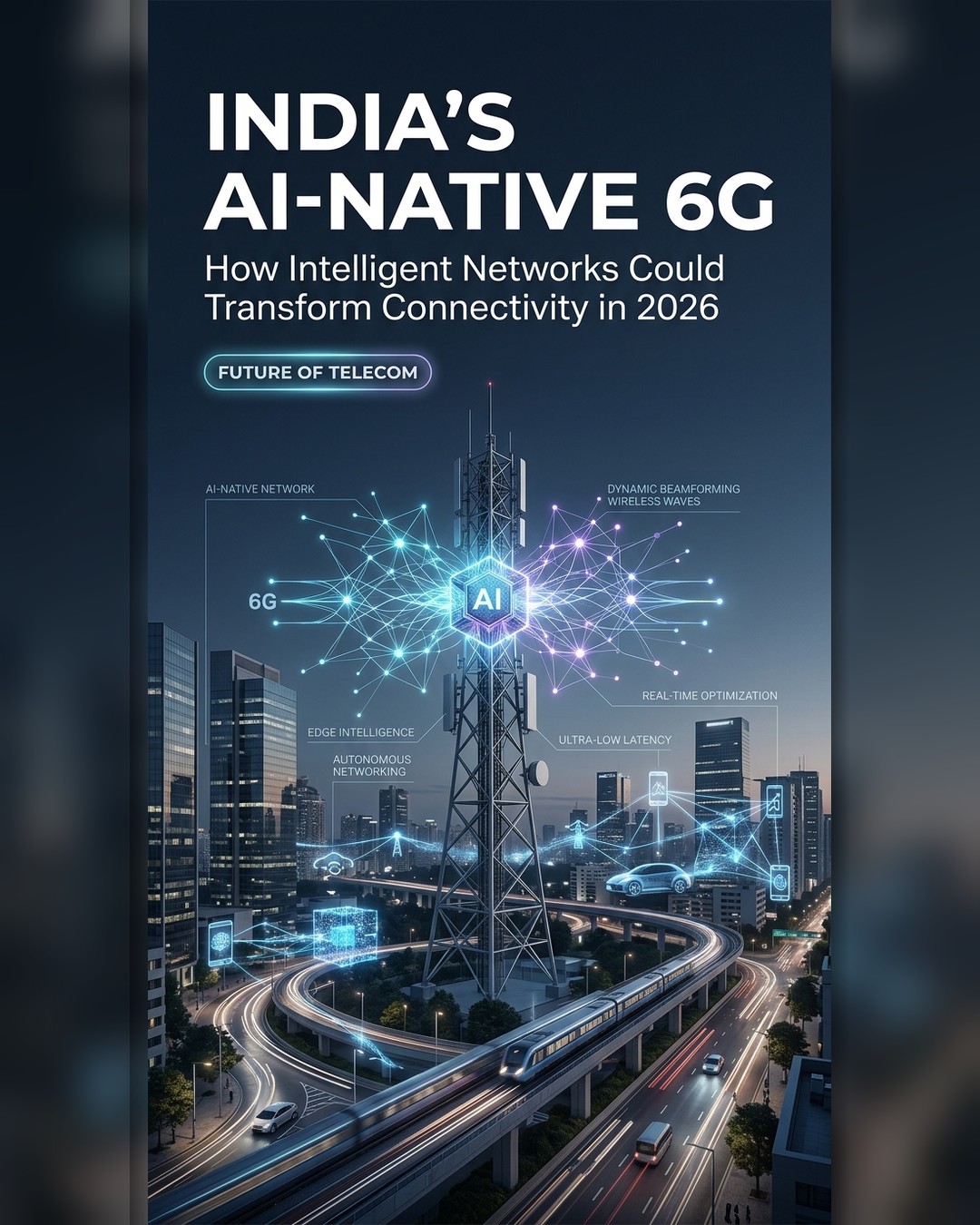 Architectural roadmap infographic of India's AI-Native 6G Telecom Network in 2026 featuring edge intelligence, dynamic beamforming, and autonomous network routing