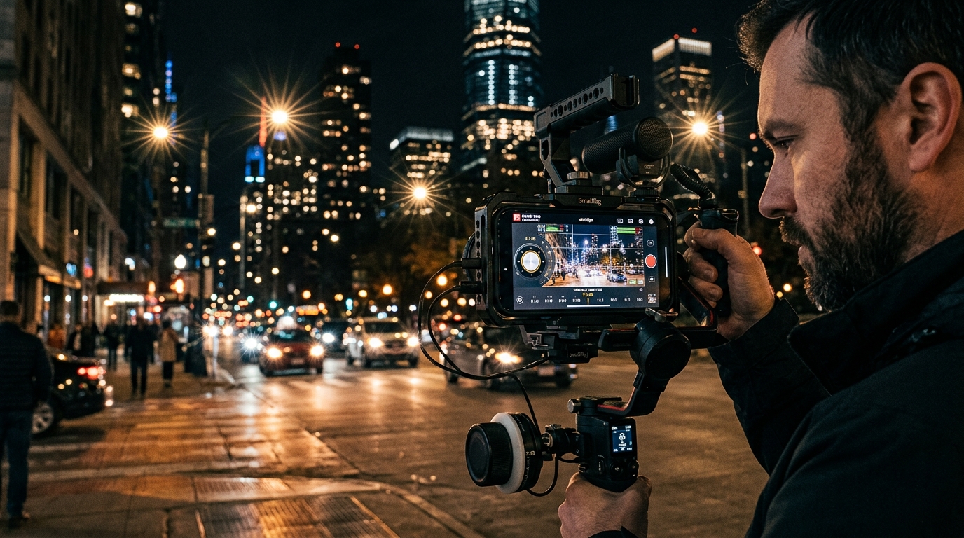 Cinematographer shooting night scene with iPhone 18 Pro on gimbal rig showing manual aperture control and natural optical starburst bokeh