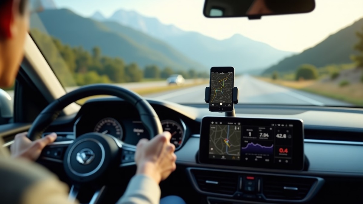 Smartphone running on-device AI vehicle diagnostics connected via wireless OBD-II telemetry in a modern car cockpit