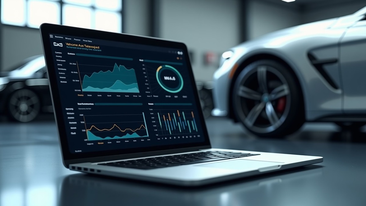 Automotive diagnostic laptop in service bay displaying real-time vehicle telemetry curves and local AI analysis